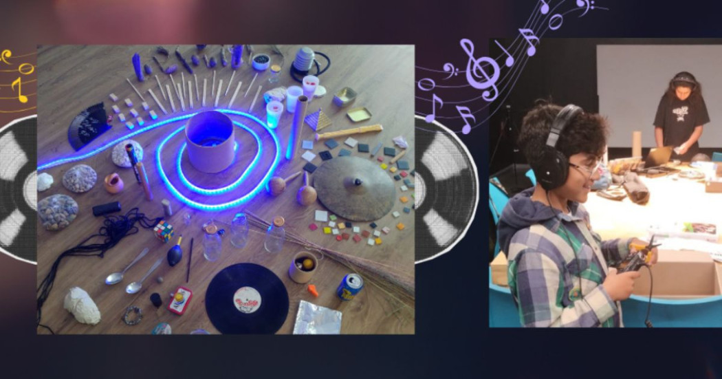 Imagen de creación de foley en vivo y paisaje sonoro con un niño con audifonos