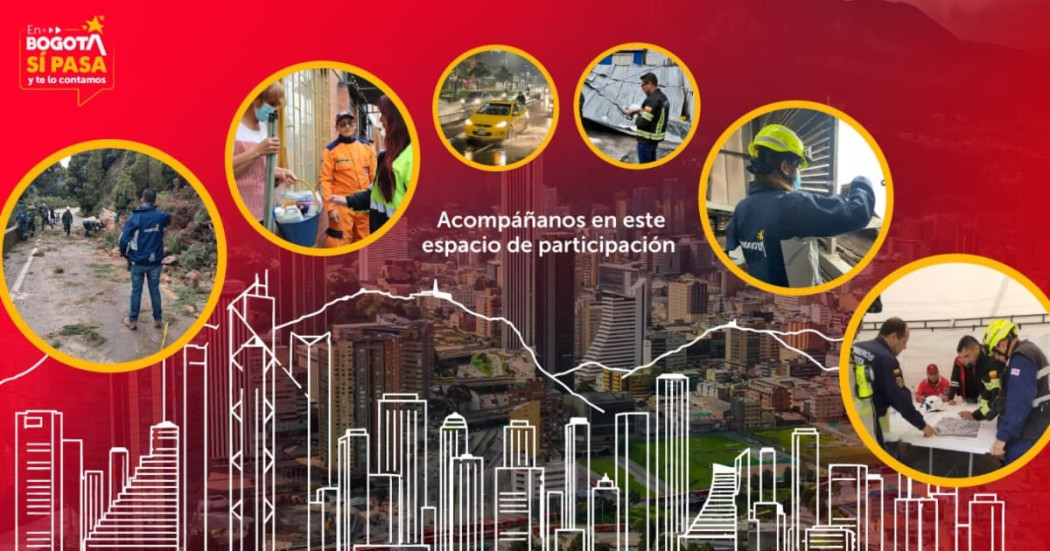 Pieza gráfica institucional sobre participación ciudadana en Bogotá con fondo rojo y silueta urbana. En el centro se lee el texto: “Acompáñanos en este espacio de participación”.