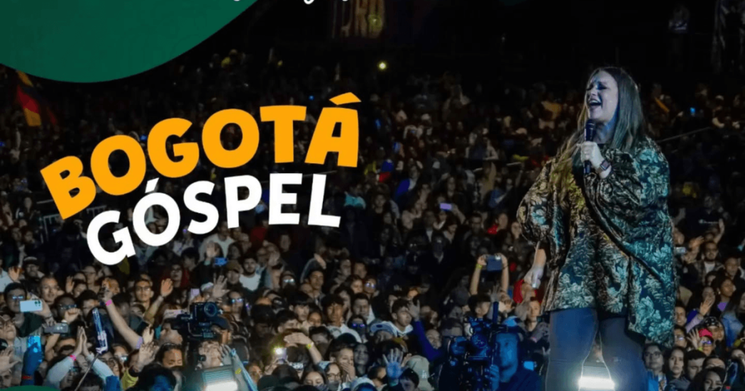 Pieza gráfica con texto literal que dice ´Bogotá Gospel´ que muestra una presentación musical ante una multitud reunida frente al escenario durante un concierto masivo al aire libre en Bogotá.