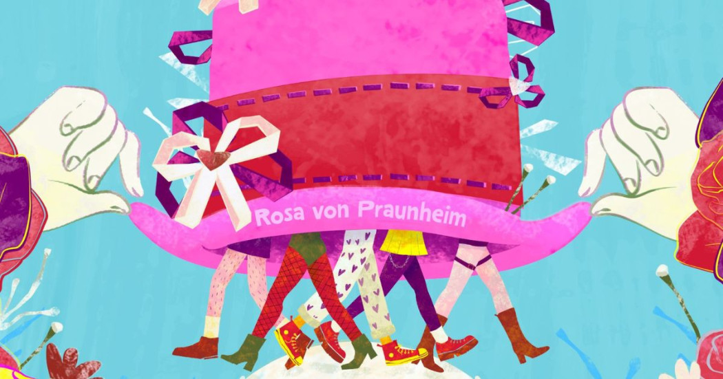 Imagen de afiche animado sombrero rosa marcado en letras con Rosa von Praunheim con diversas piernas cargándolo