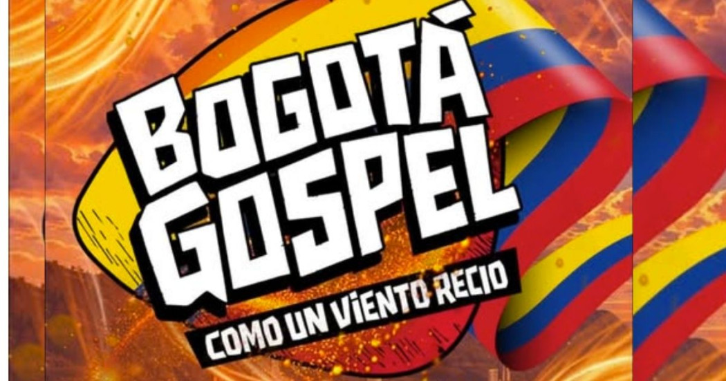 Imagen promocional de Bogotá Gospel donde al fondo se ve la bandera de Colombia.