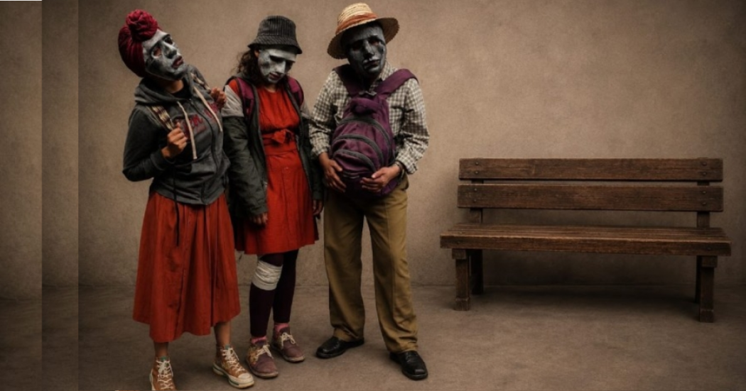 Imagen de dos mujeres y un hombre que usan mascaras tristes, al fondo se ve una silla antigua.