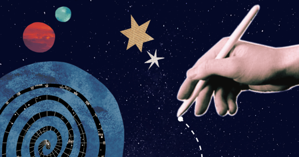 Imagen de una mano digital dibujando planetas, espiral y estrellas