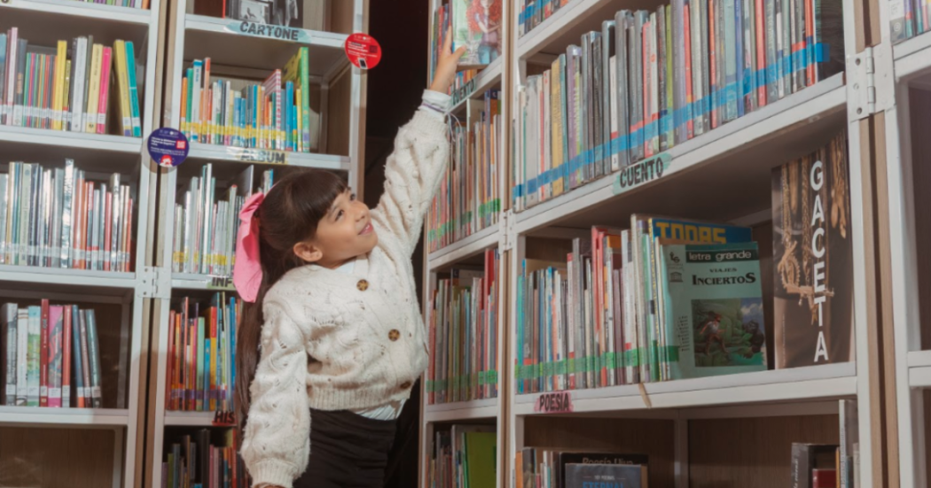 Imagen de niña colocando un libro en filero de cuentos 