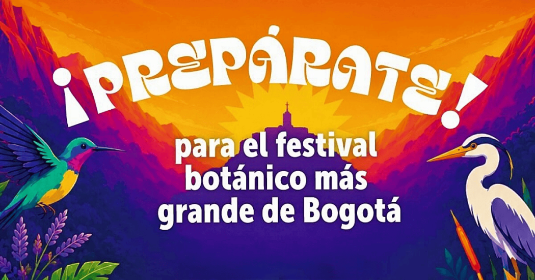 Ilustración del Festival Estéreo Botánico en tonos naranja, morado y fucsia, con la silueta del Jardín Botánico al centro, un colibrí a la izquierda y una garza a la derecha entre vegetación, con un texto con el mensaje: ¨¡Prepárate! para el festival botánico más grande de Bogotá”.