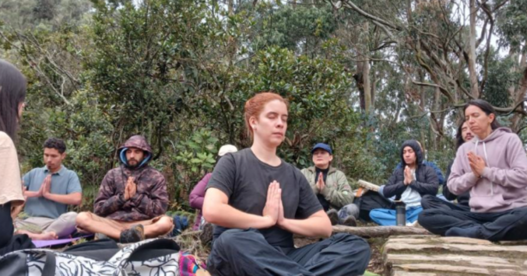 Imagen de varias personas en posición de yoga en un lugar abierto donde de fondo se ve naturaleza.