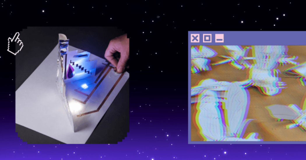 Imagen de figuras de papel con luces Led sobre fondo oscuro con puntos blancos