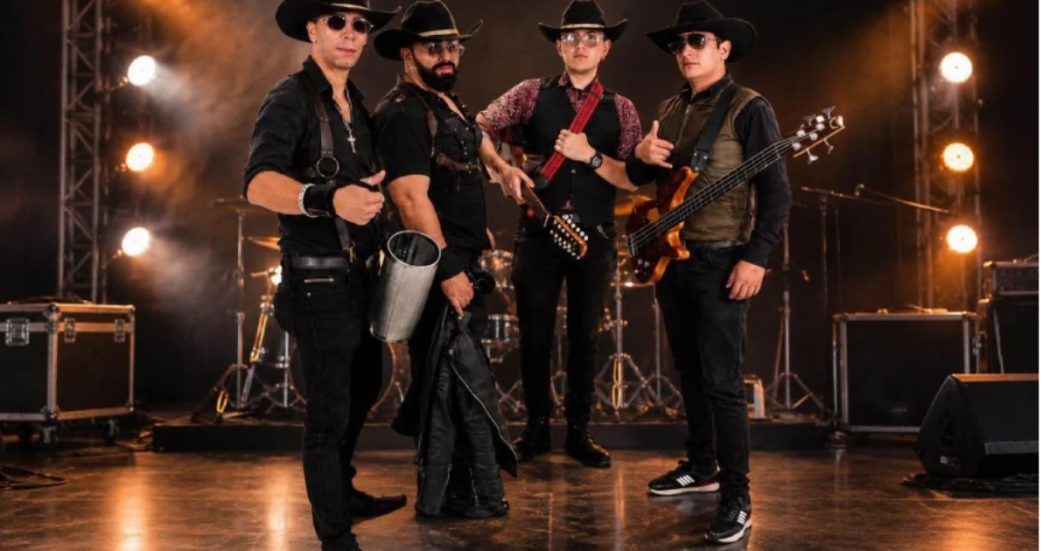 Imagen de cuatro hombres vestidos con trajes típicos de musica carranguera.