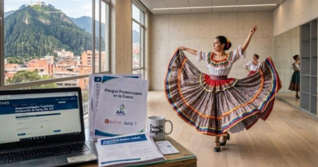 Imagen de una mujer que viste traje típico de cumbia frente a un computador.