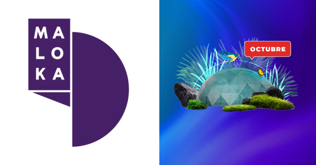 Logo de Maloka junto a ilustración espacial con domo verde, rodeado de naturaleza y el letrero de “OCTUBRE” sobre fondo azul.
