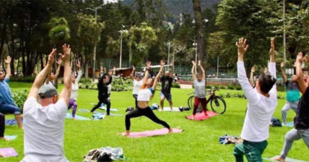 Imagen de varias personas en un parque practicando yoga.