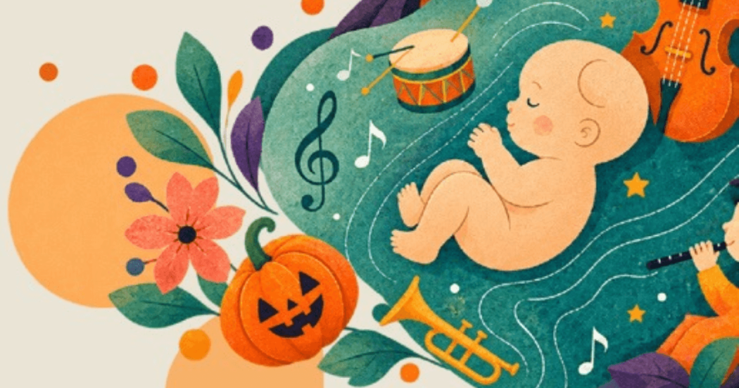 Imagen en acuarela de un bebé alredeor de instrumentos musicales y elementos de halloween