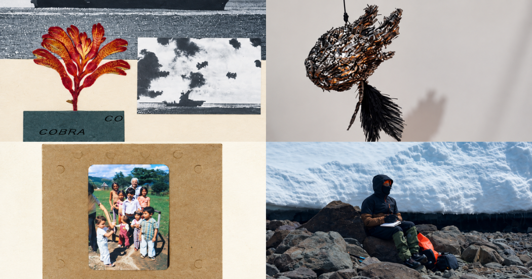 Foto de collage de obras artísticas de texturas, memorias y una persona en lo alto de un nevado.