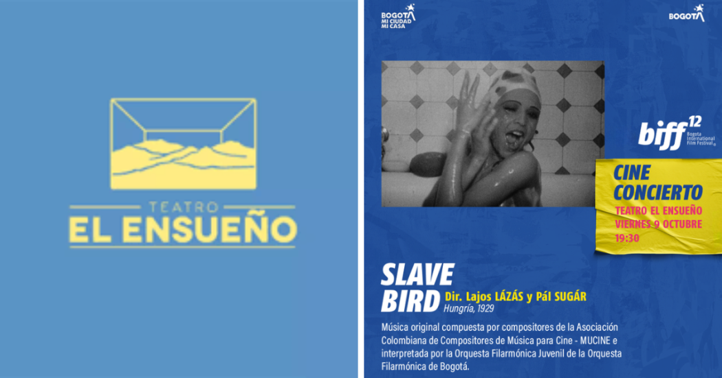 Imagen azul con el cartel promoción del cineconcierto donde se enentra la info del evento.