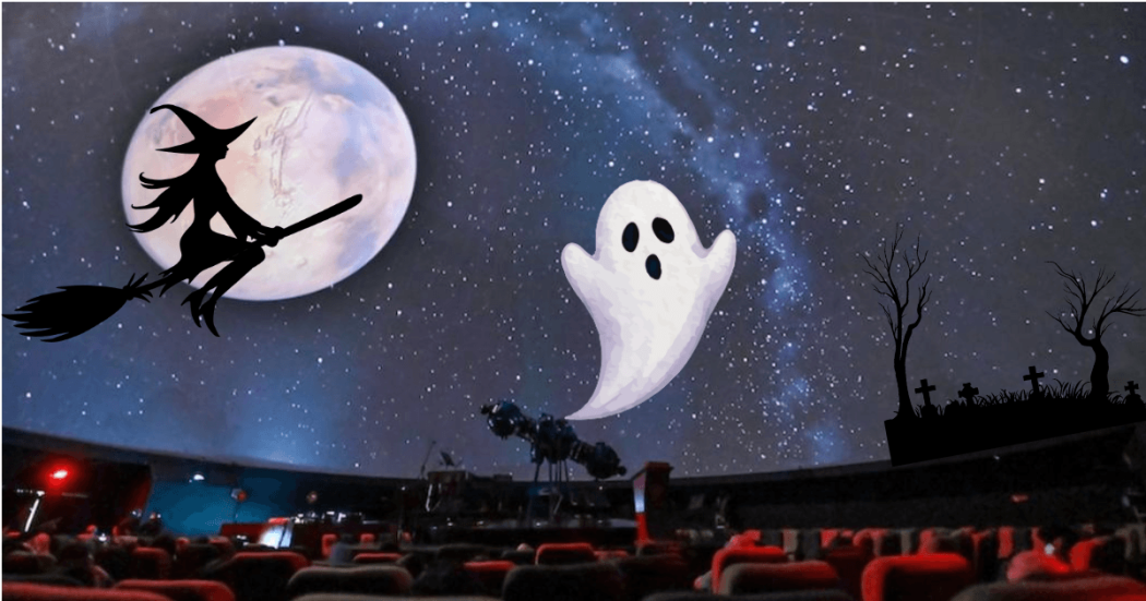Imagen de fondo estrellado en el Domo del Planetario de Bogotá con elementos de Halloween 