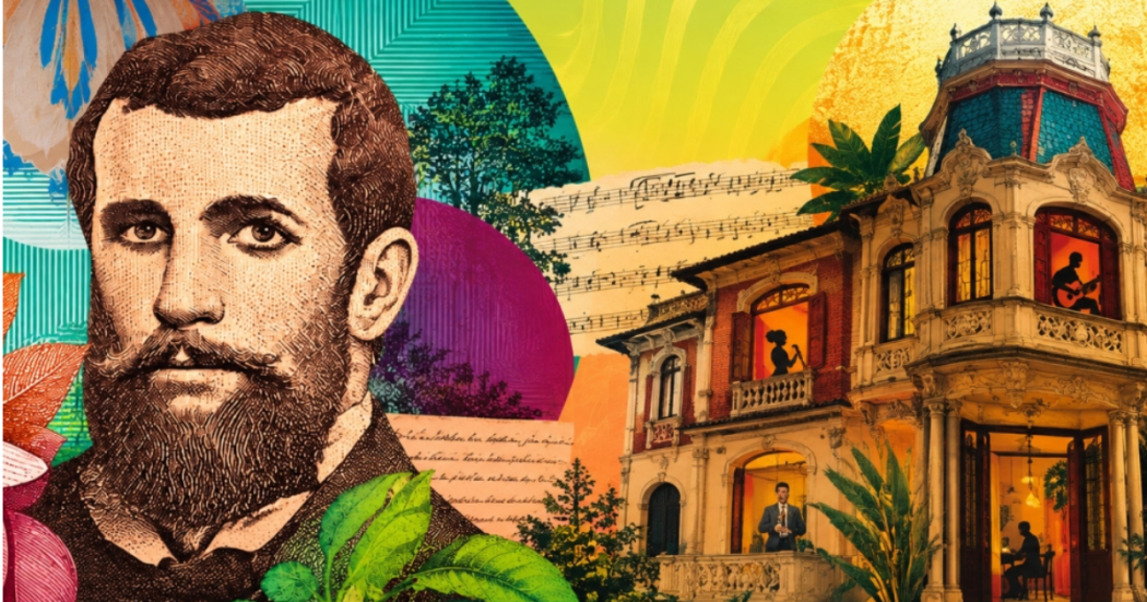 Imagen de grafica de José Asunción Silva en la que de fondo se ve una casa antigua donde se ve por las ventanas musicos con sus instrumentos musicales.