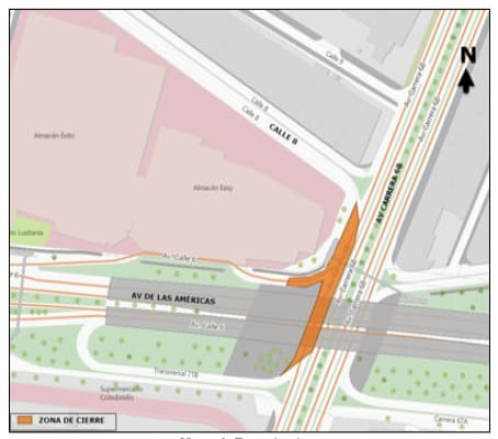 Movilidad en Bogotá_ cierre y obras en carrera 68 con avenida Américas Mapa 1