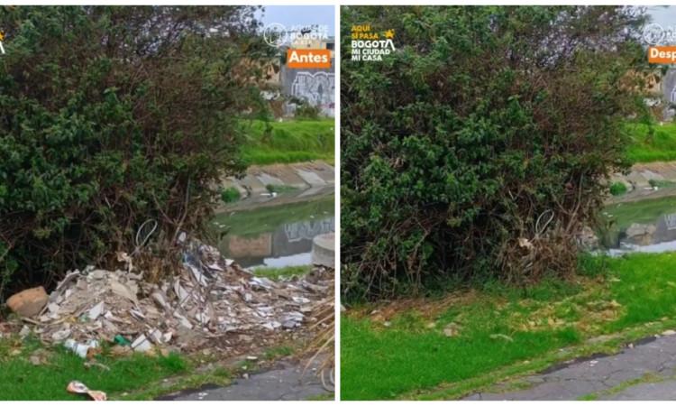 Foto que muestra antes y después de la jornada de limpieza en Bogotá