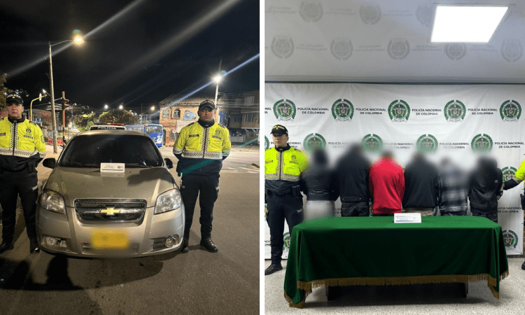 Imagen de los detenidos y del vehículo huratado y recuperado por la Policía de Bogotá.