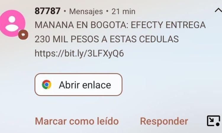 Pantallazo de mensaje de texto fraudulento