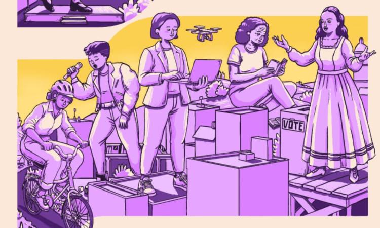 Ilustración de la SDMujer que muestra a mujeres en diferentes ámbitos de la sociedad.