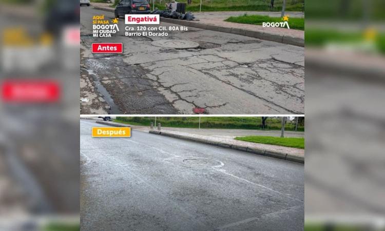 Foto comparativa del arreglo en vía