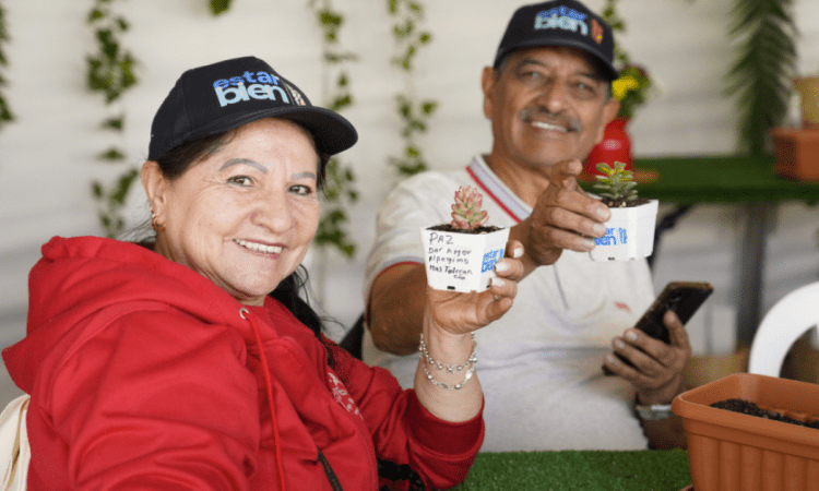 Imagen de dos adultos mayores sentados presentado un trabajo realizado.