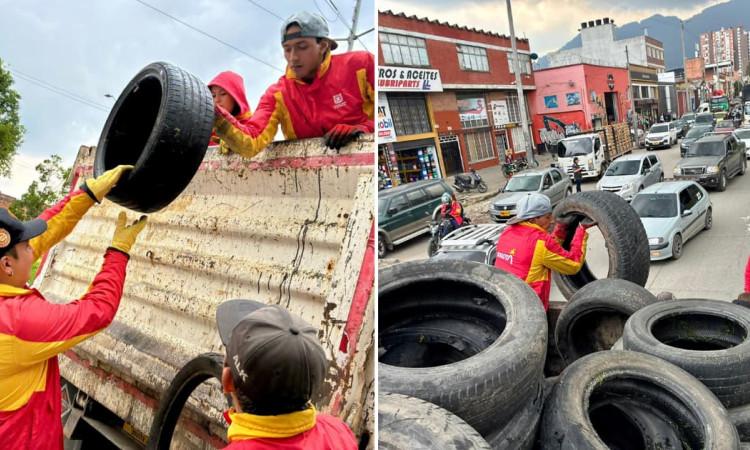 Fotos de la jornada de 'Llantatón' que permitió el retiro de 384 llantas en el centro de Bogotá.