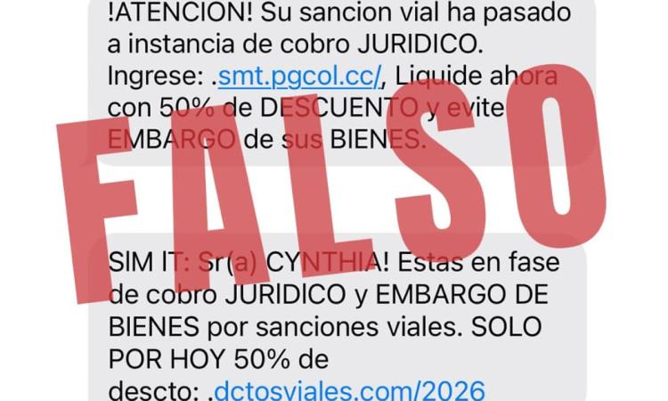 Mensajes falsos que llegan para estafar simulando multas.