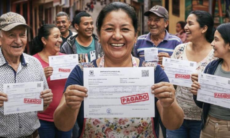 Personas sonriendo mostrando su recibo de pago del impuesto predial