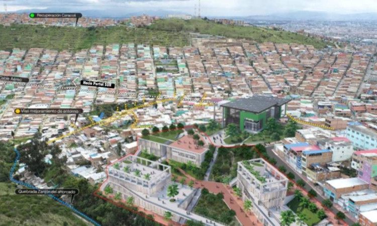 Foto que panorámica de Bogotá que muestra casas y calles 