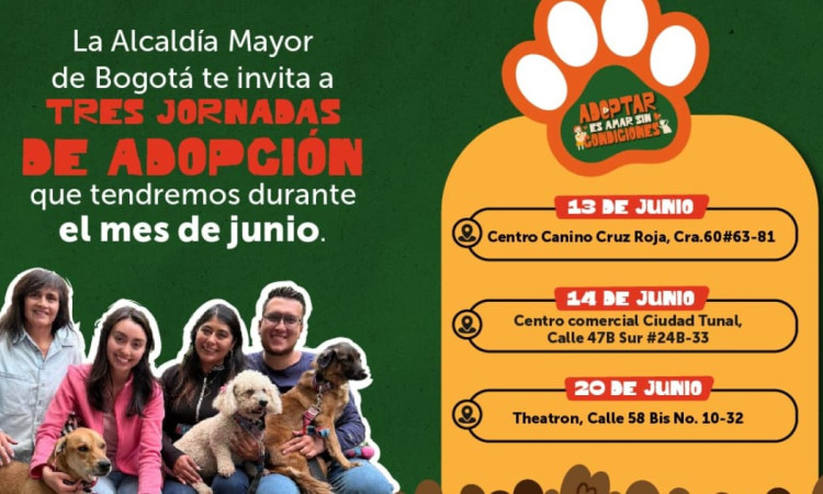Imagen promocional de jornadas de adopción en Bogotá con personas y perros junto al texto: “La Alcaldía Mayor de Bogotá te invita a TRES JORNADAS DE ADOPCIÓN que tendremos durante el mes de junio.”