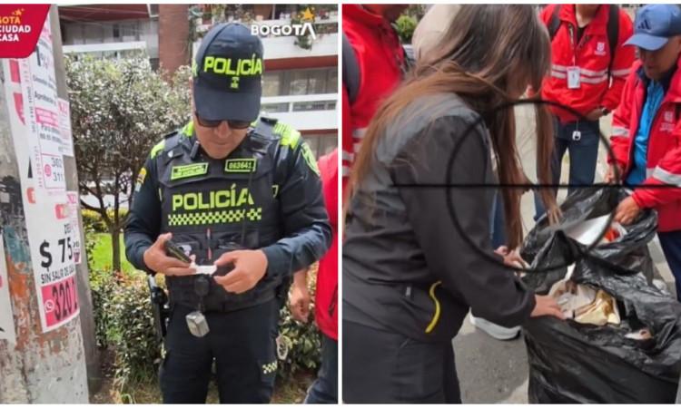 Foto que muestra un policia y personas recogiendo basuras 