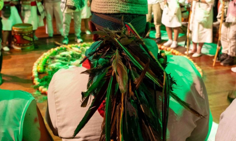 Imagen de señor de espalda con banda de plumas en ritual de fuego 