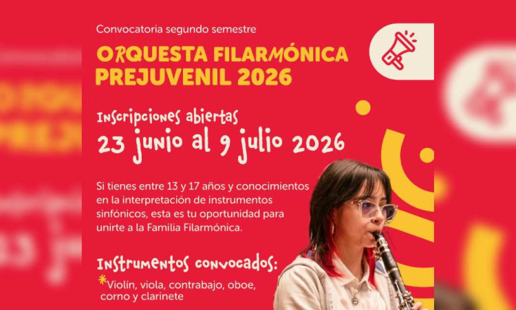 Foto con el texto: convocatoria segundo semestre orquesta filarmónica prejuvenil 2026