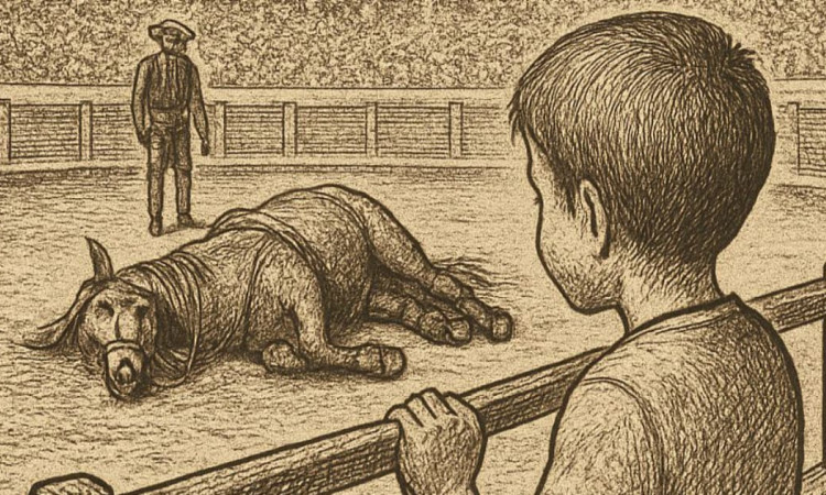 Ilustración muestra menor observando toro herido en plaza, escena crítica sobre violencia hacia animales