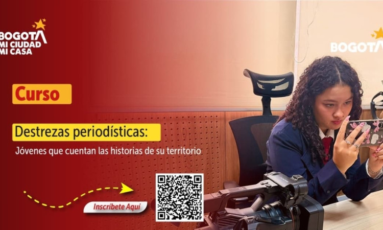Imagen con texto curso Destrezas periodísticas: Jóvenes que cuentan las historias de sus territorios 