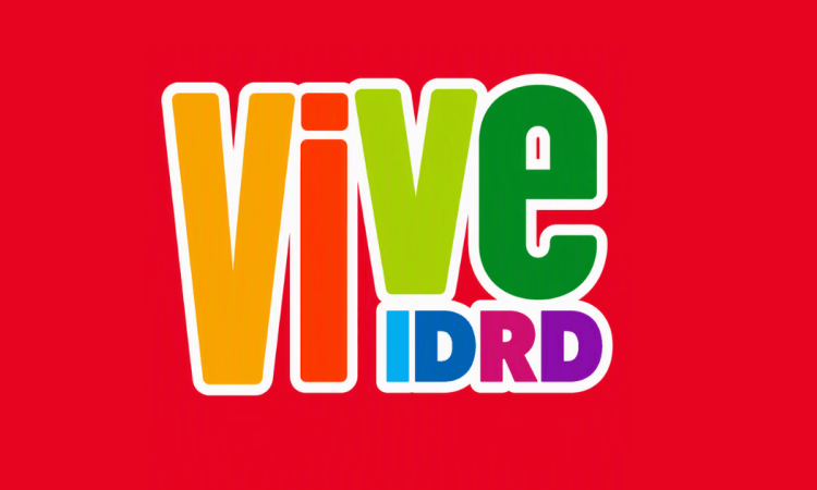 Logotipo de la aplicación Vive IDRD sobre fondo rojo, plataforma digital para consultar actividades, eventos y programación recreodeportiva del Instituto Distrital de Recreación y Deporte de Bogotá.