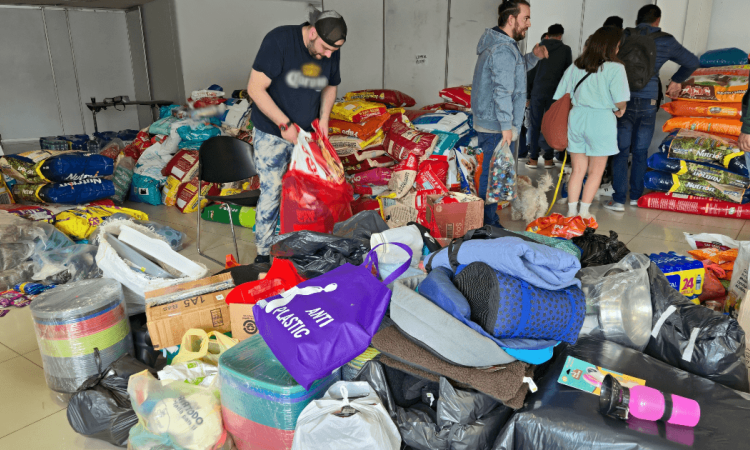 Centro de acopio en Corferias con donaciones para animales afectados por el sismo.