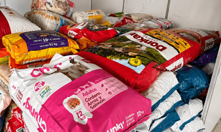 Sacos de alimento para perros y gatos almacenados en un centro de acopio en Corferias para donarse a animales de compañía afectados tras sismo de magnitud 7,4 registrado el lunes 10 de agosto.