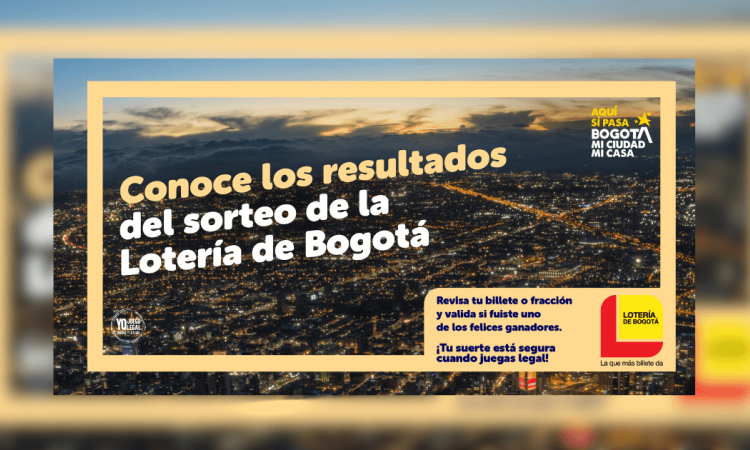 Pieza gráfica de la Lotería de Bogotá con una vista nocturna de la ciudad y el texto: “Conoce los resultados del sorteo de la Lotería de Bogotá”. Invita a revisar el billete o fracción y validar si está entre los ganadores.