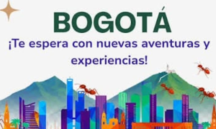 Dibujo de Bogotá con un texto de te espera con nuevas aventuras y experiencias.