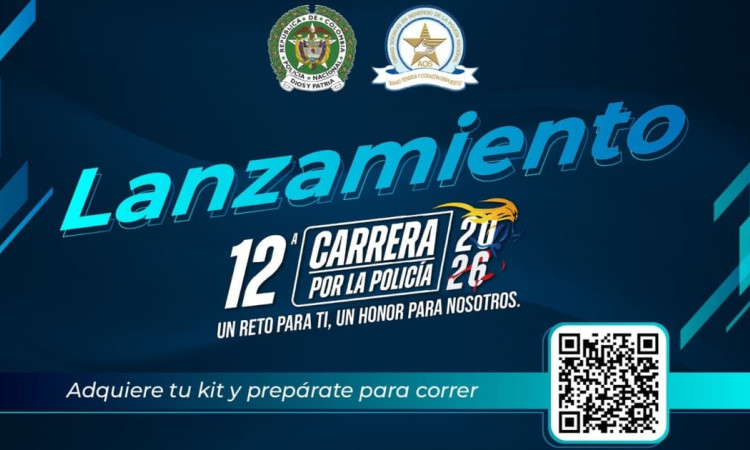 Logos de la policía y un letrero que dice Lanzamiento 12a Carrera por la Policía 2026