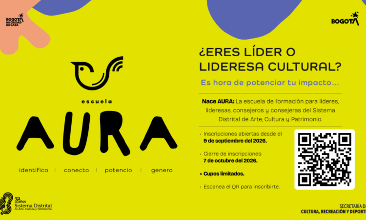 Imagen amarilla con morado en la que se encuentra la información promocional de la Escuela AURA.