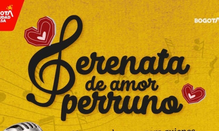 Banner promocional de la actividad “Serenata de amor perruno” sobre fondo amarillo con textura y notas musicales difuminadas.