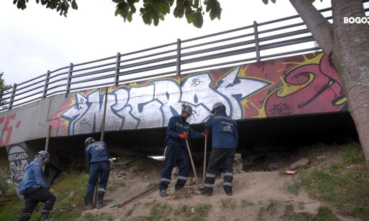 Personal del IDU cerrando un hueco debajo de un puente peatonal 