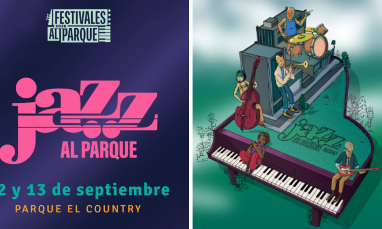 Imagen promocional de Jazz al Parque 2026 donde se ve en una grafica varias personas sobre un piano.