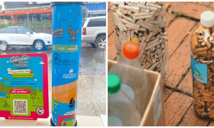 Foto que muestra un colillero y una botella llena de collillas de cigarrillo