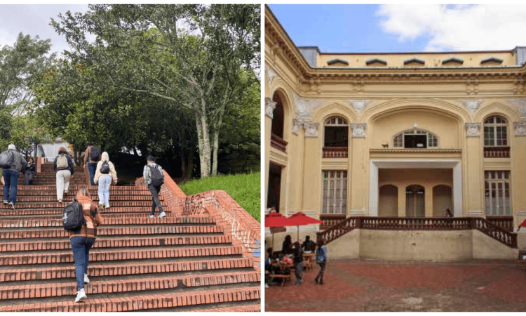 Foto que muestra personas subiendo una escalera y la fachada de un edificio 