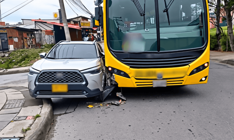Primer plano de una colisión entre un bus articulado amarillo de TransMilenio y un vehículo particular gris en una vía de Bogotá